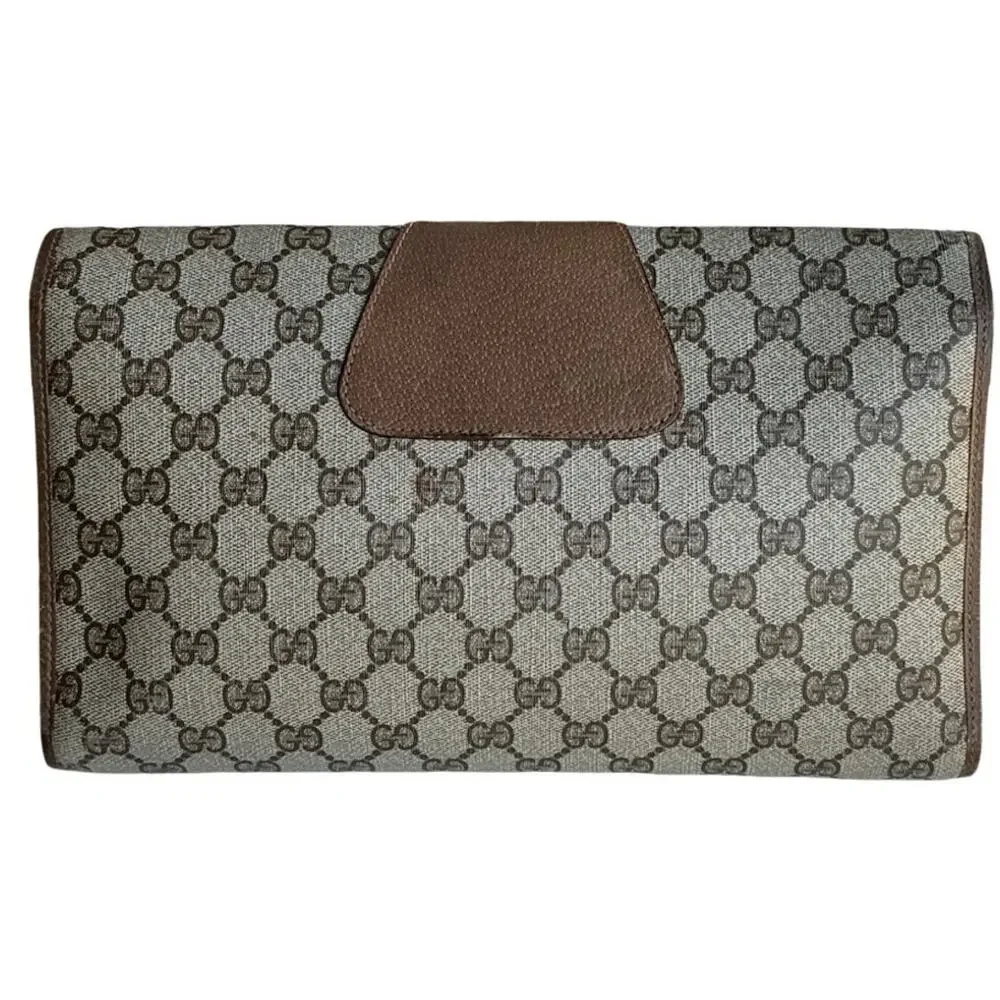 Gucci Beige GG Supreme Canvas Clutch with Brown Trim and Green-Red Web